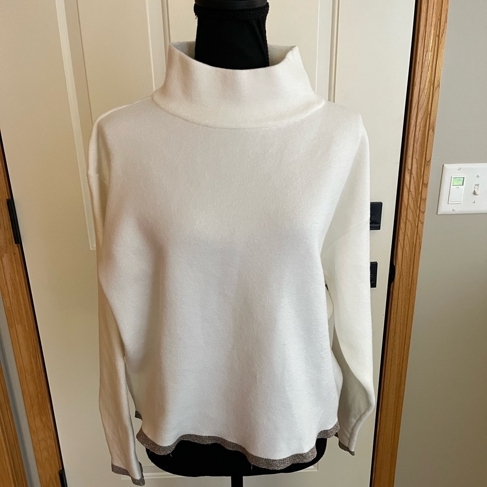Maeve Anthropologie ivory metallic cropped oversized mock neck sweater Small